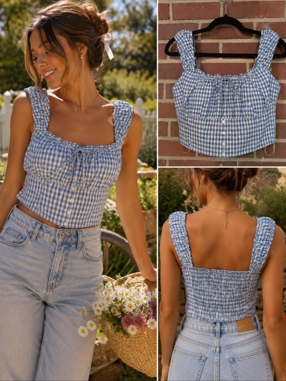 Monteau Anthropologie Style Blue Gingham Milkmaid Crop Top XL Cottagecore